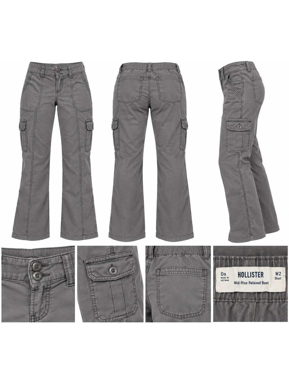 Y2K Hollister Mid-Rise Relaxed Boot Cargo Pants in Gray, Size 0 Short